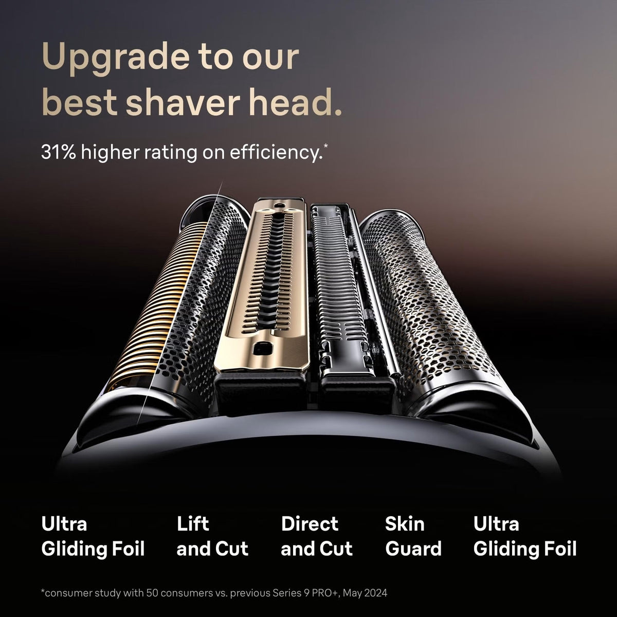 Black Braun Nevo-B replacement shaver head featuring gold and silver foil cutting elements and integrated skin guards.