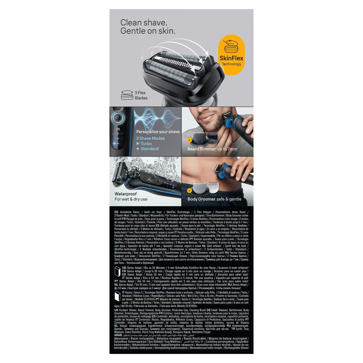 Blue Braun Series 5 electric shaver with 3 Flex blades, beard trimmer, body groomer attachments, and waterproof design.