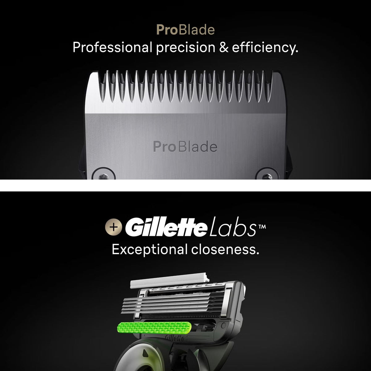 Close-up of a silver Braun ProBlade trimmer head and a Gillette Labs razor cartridge on a black background.