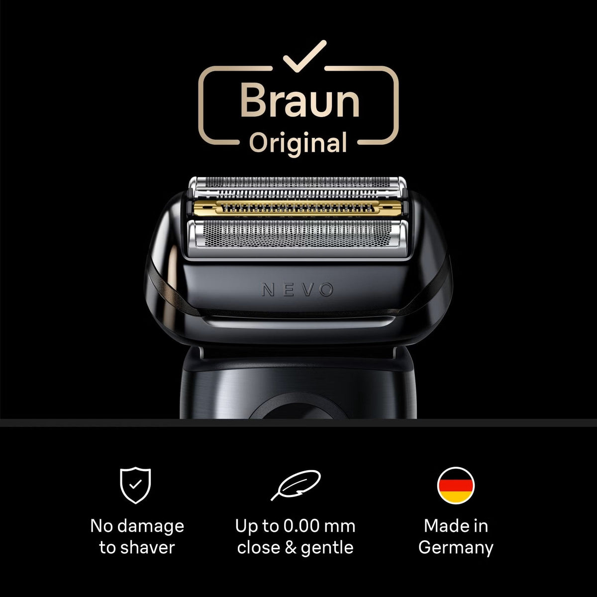 Black Braun Nevo-B electric shaver replacement head with gold and silver foil blades on a black background.