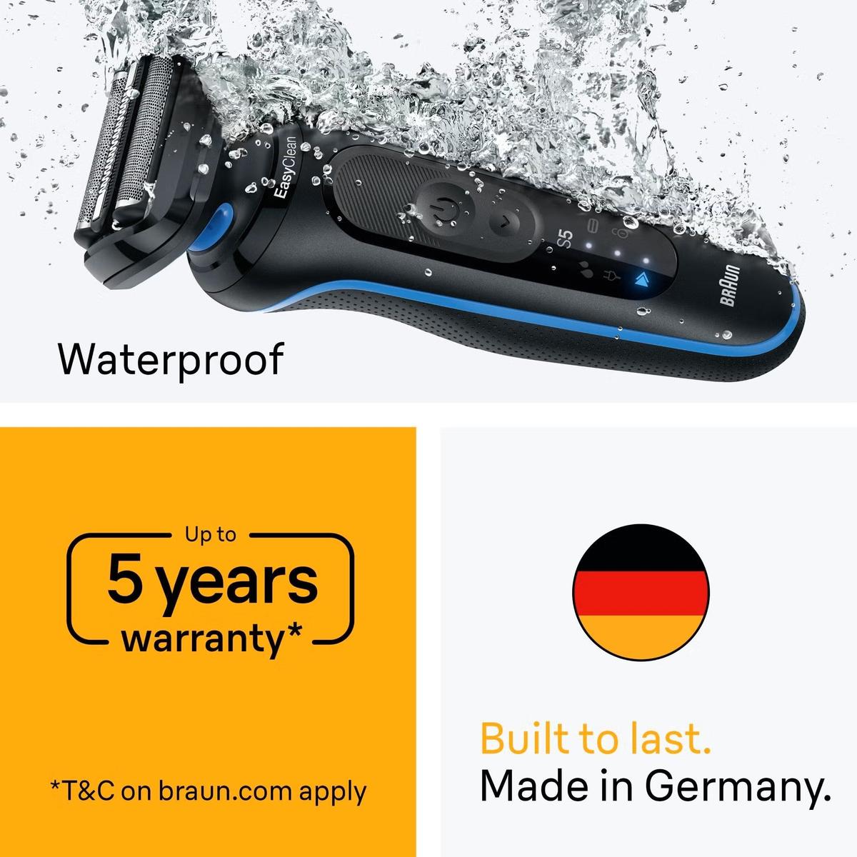 Blue and black Braun Series 5 electric shaver with 3 Flex blades, shown waterproof with water splash effect.