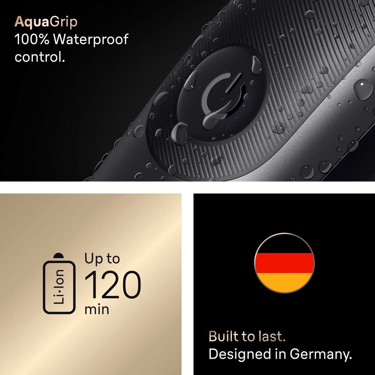 Grey Braun Series 9 trimmer with waterproof AquaGrip handle, 120-minute Li-Ion battery, and German-engineered design.