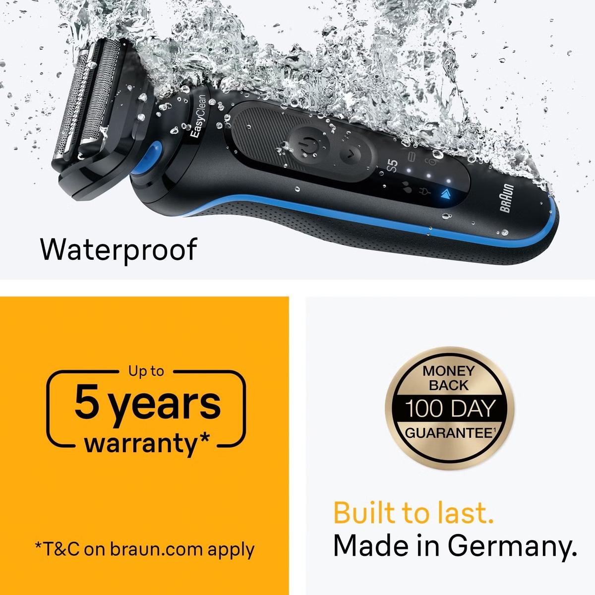Braun Series 5 electric shaver in blue and black, shown underwater to highlight its waterproof design and 3 flex blades.
