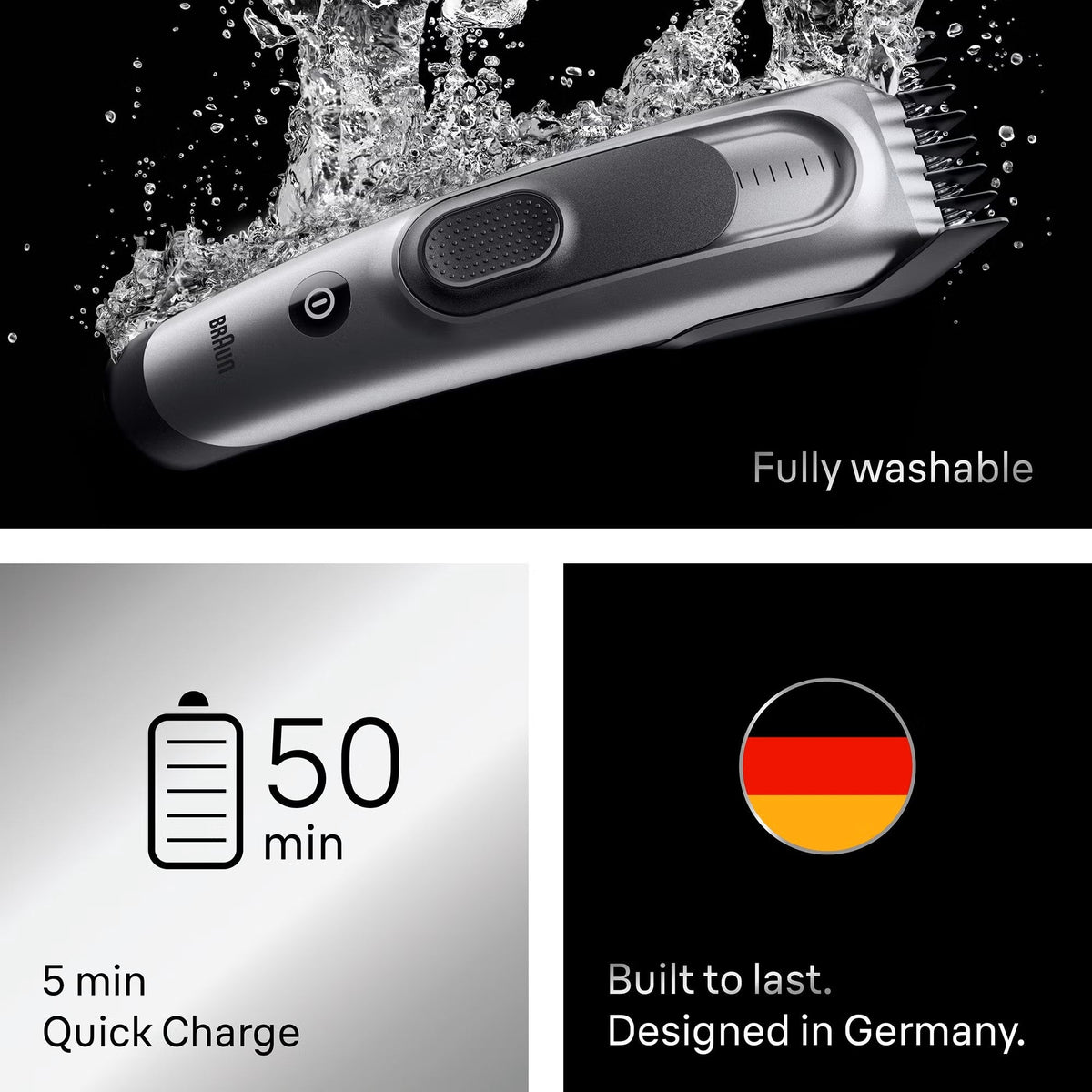 Braun Series 7 hair clipper in silver with a rubberized grip, shown with water splash, 50-minute runtime, and German design.