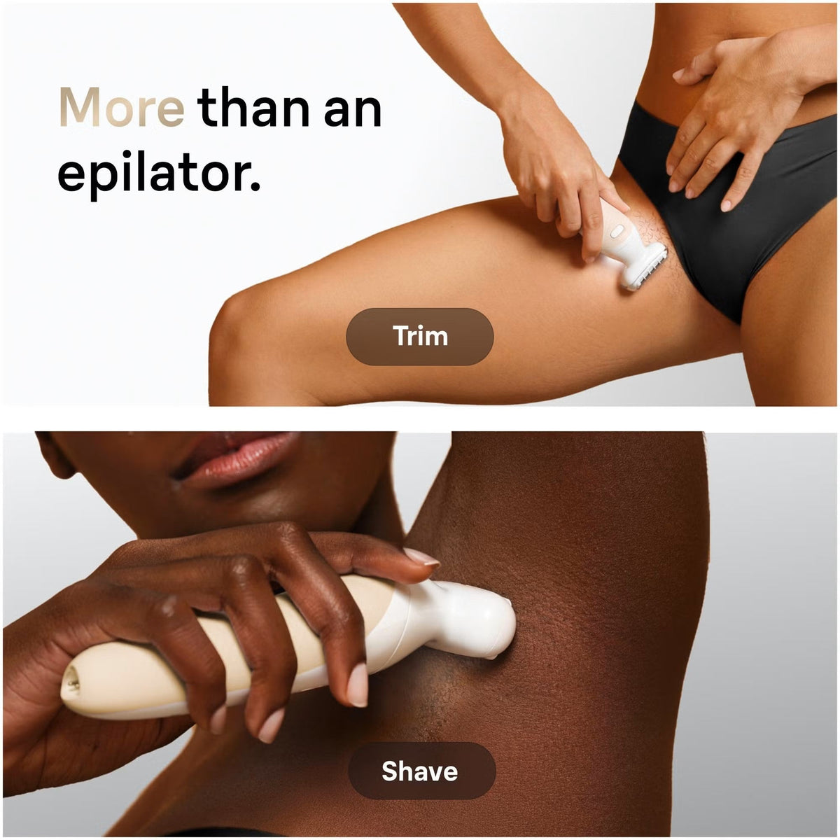Braun Silk-épil 9 Flex white and gold epilator being used for trimming and shaving underarms and bikini area.