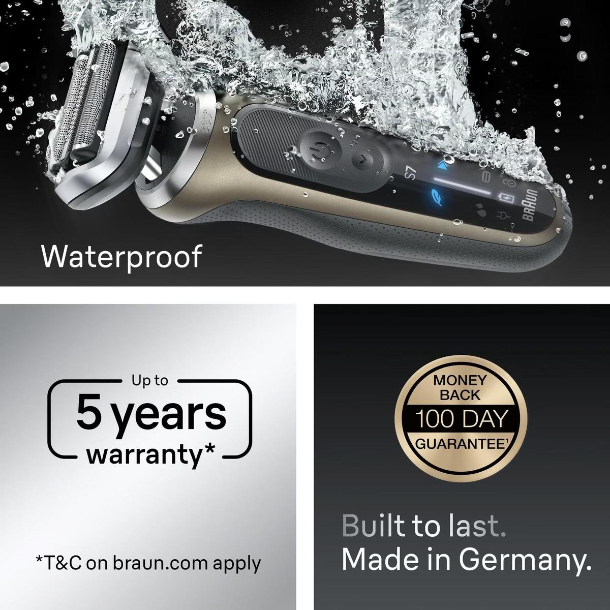 Gold and black Braun Series 7 electric shaver with 360 Flex Head splashing in water, featuring 5-year warranty and guarantee.