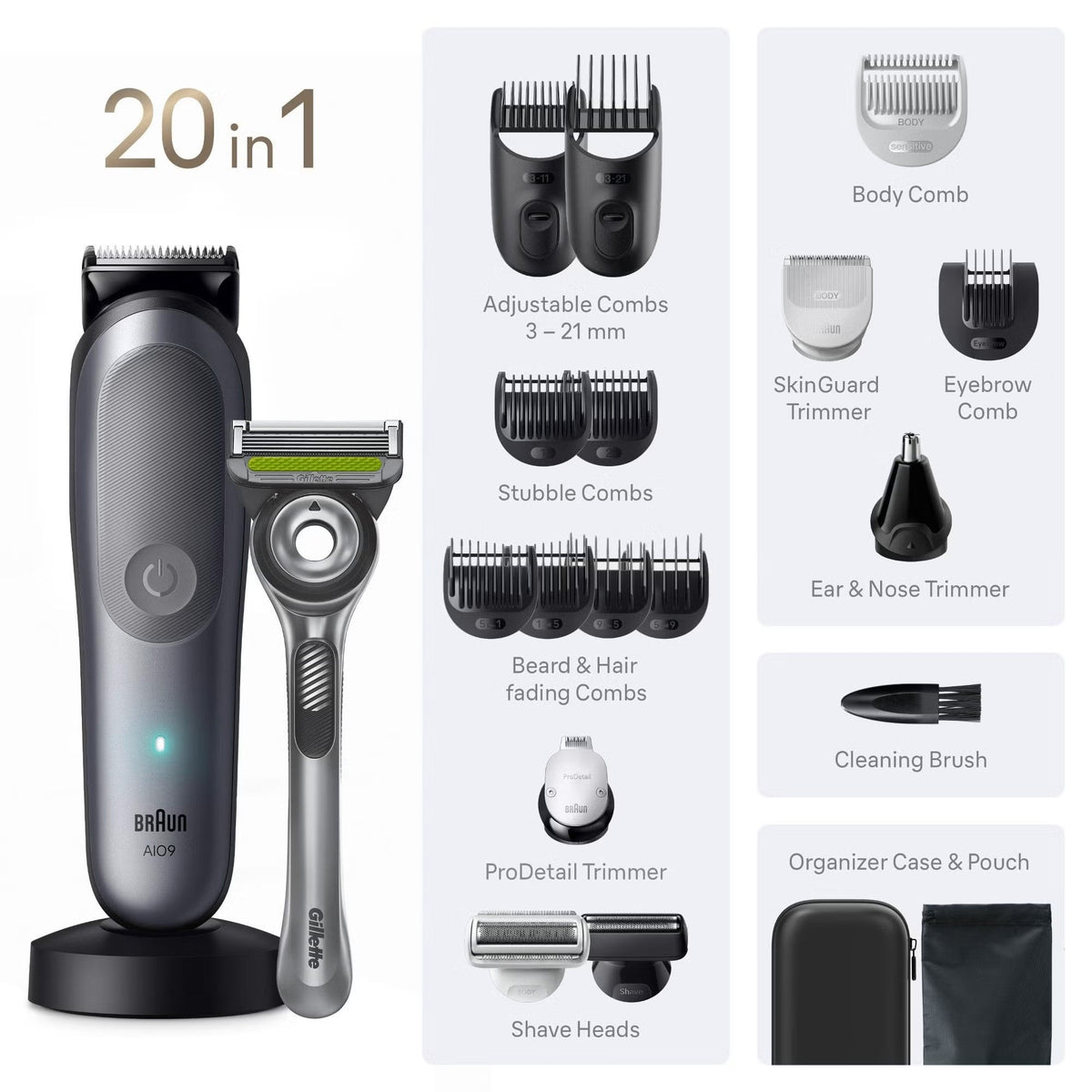 Braun Series 9 grey all-in-one trimmer with Gillette razor, charging stand, and various grooming attachments and accessories.