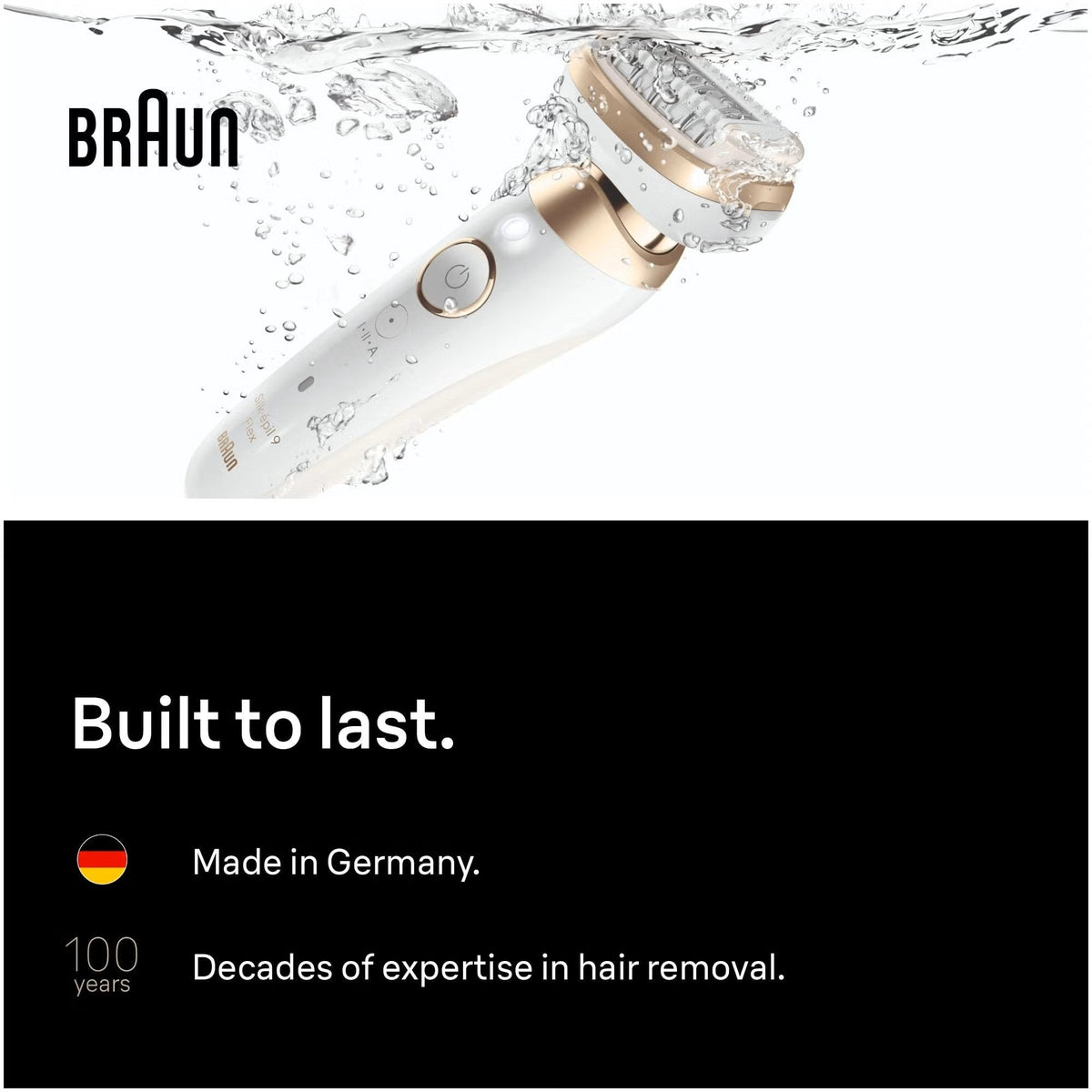 Braun Silk-épil 9 Flex white and gold epilator with a flexible head submerged in water for wet and dry hair removal.