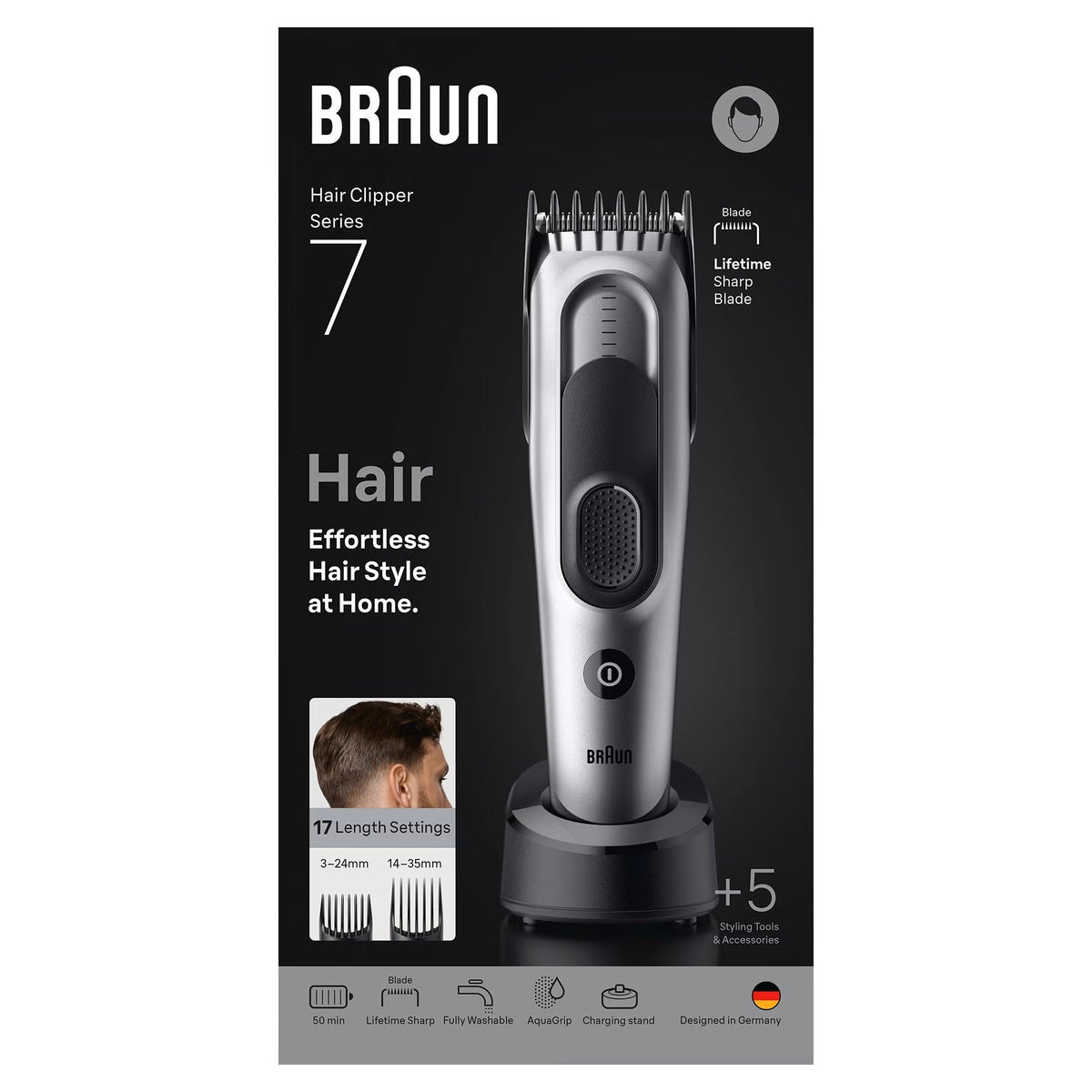 Braun Series 7 silver cordless hair clipper with charging stand, lifetime sharp blades, and 17 length settings on display box.