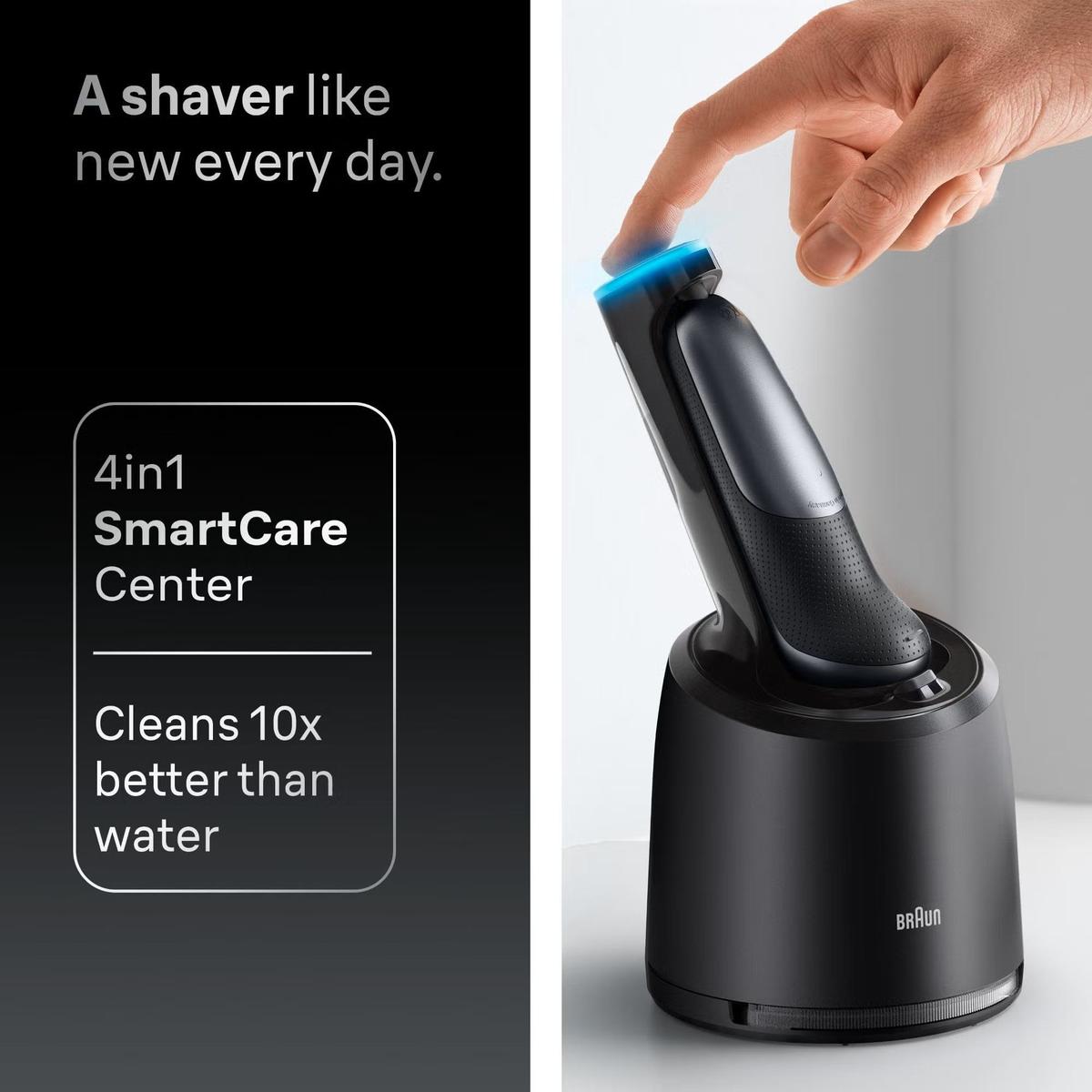 Braun Series 7 electric shaver in a black 4-in-1 SmartCare cleaning station with a glowing blue indicator light.
