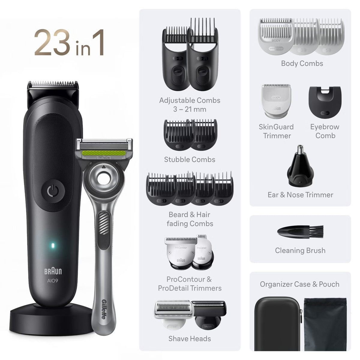 Braun Series 9 grey all-in-one trimmer with Gillette razor, charging stand, and 23-in-1 grooming attachments set.
