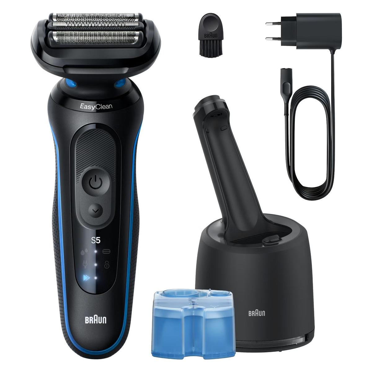 Braun Series 5 electric shaver in blue and black with 3 flex blades, SmartCare cleaning station, cartridge, and power cord.