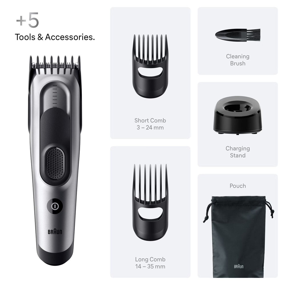 Braun Series 7 hair clipper in silver and black with five accessories including two combs, charging stand, and pouch.