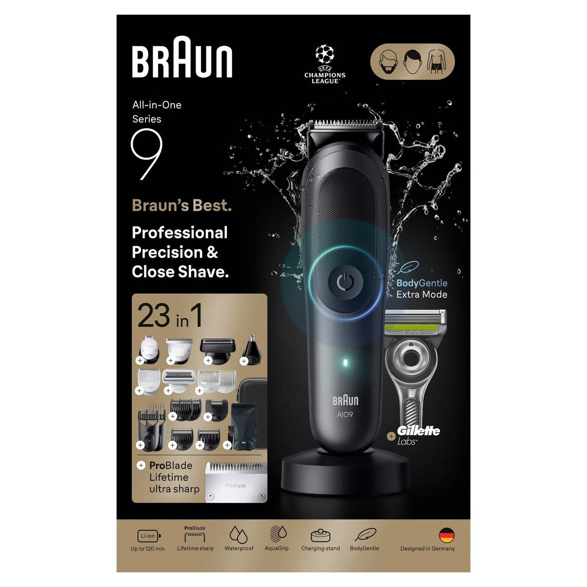 Braun Series 9 All-in-One grey trimmer with 23-in-1 grooming attachments, charging stand, and Gillette Labs razor.