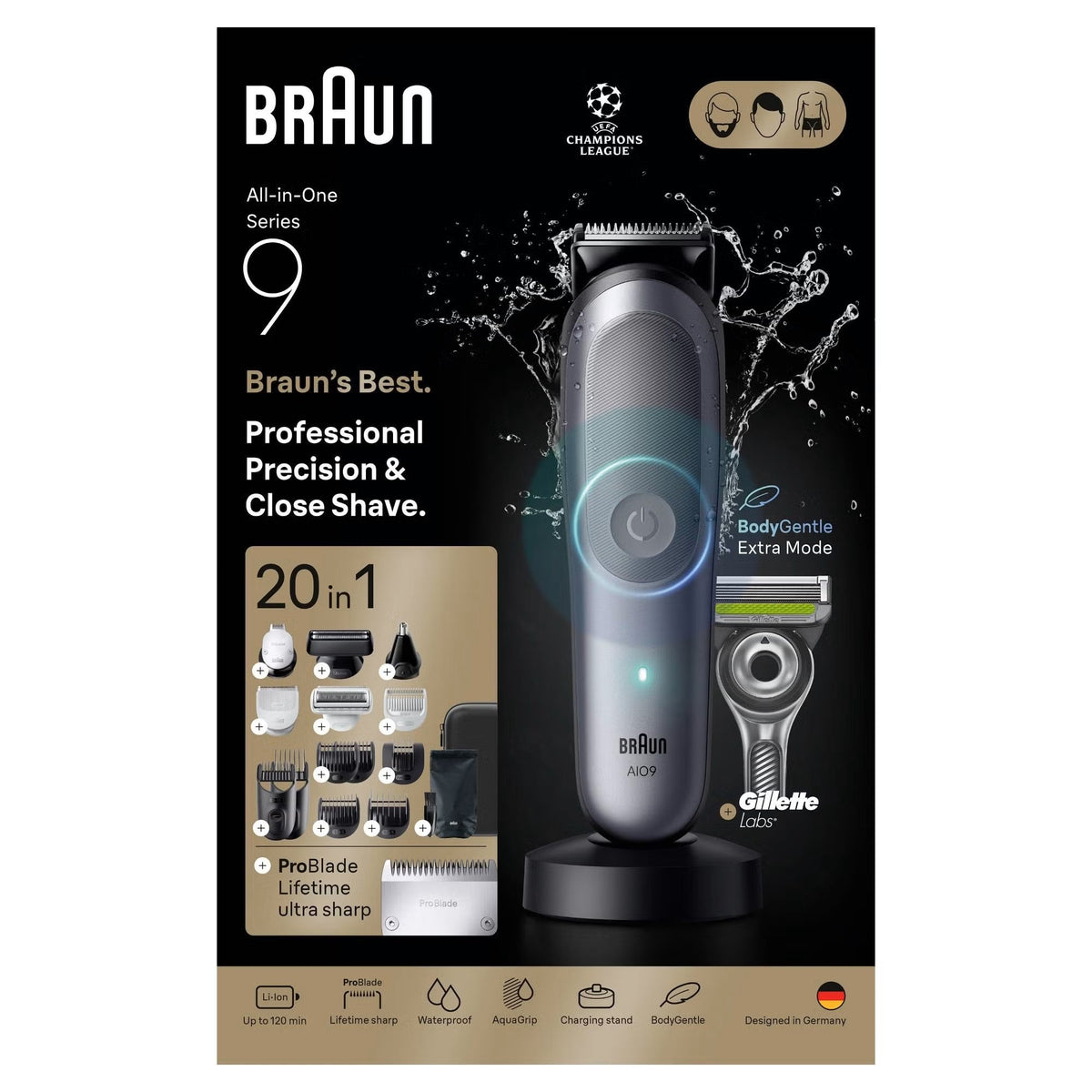 Grey Braun Series 9 All-in-One trimmer with charging stand, multiple grooming attachments, and a Gillette Labs razor.