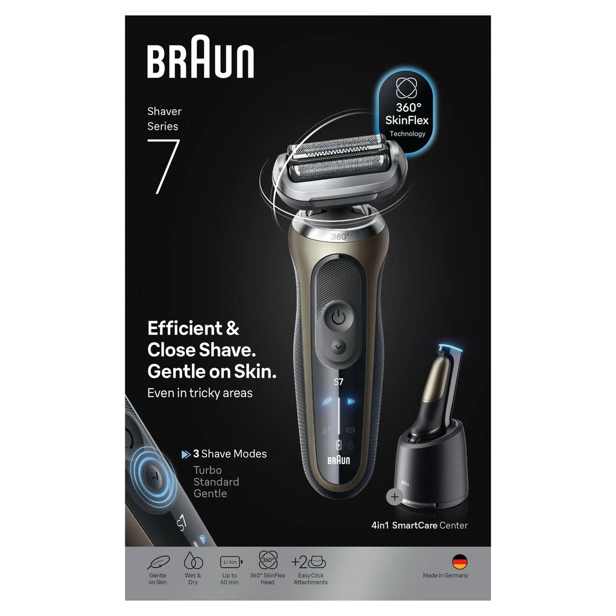 Braun Series 7 gold electric shaver with 360 Flex head, SmartCare cleaning center, and three adjustable shaving modes.