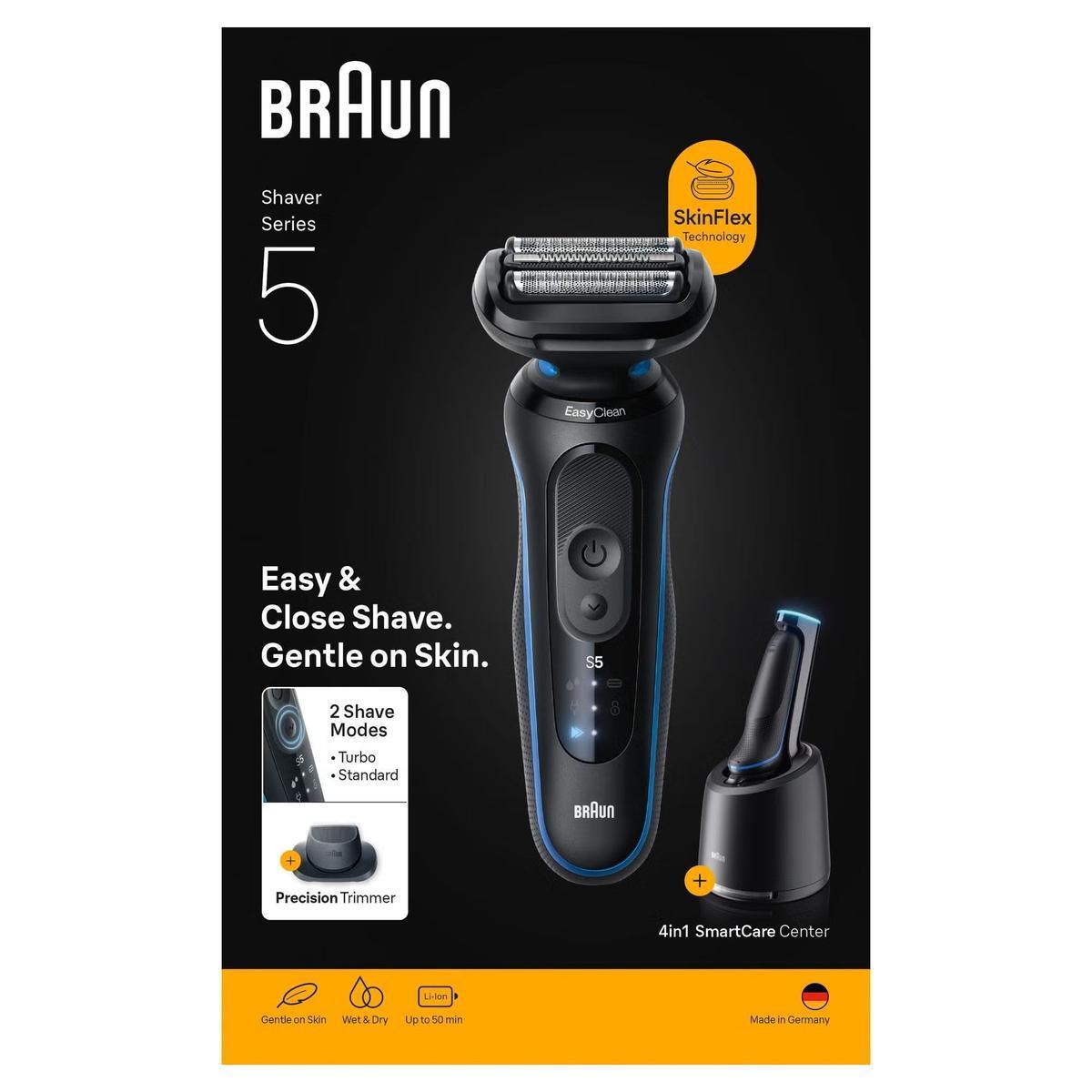 Blue Braun Series 5 electric shaver with 3 Flex blades, SmartCare Center, and precision trimmer attachment.