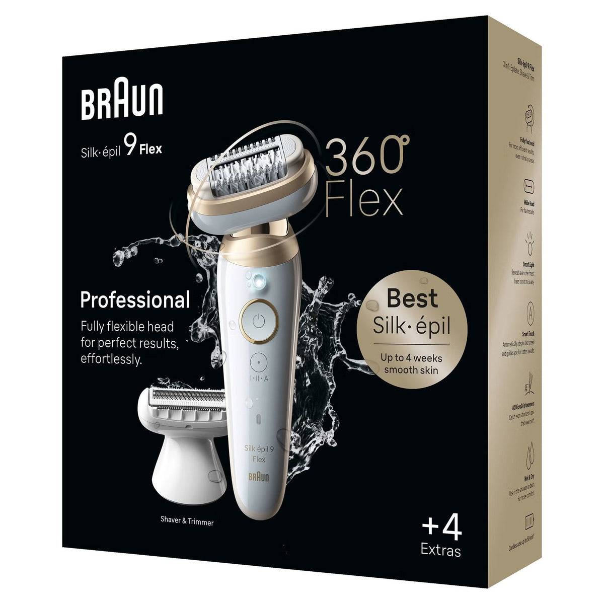 Braun Silk-épil 9 Flex white and gold epilator with 3D flexible head and shaver attachment in product packaging.