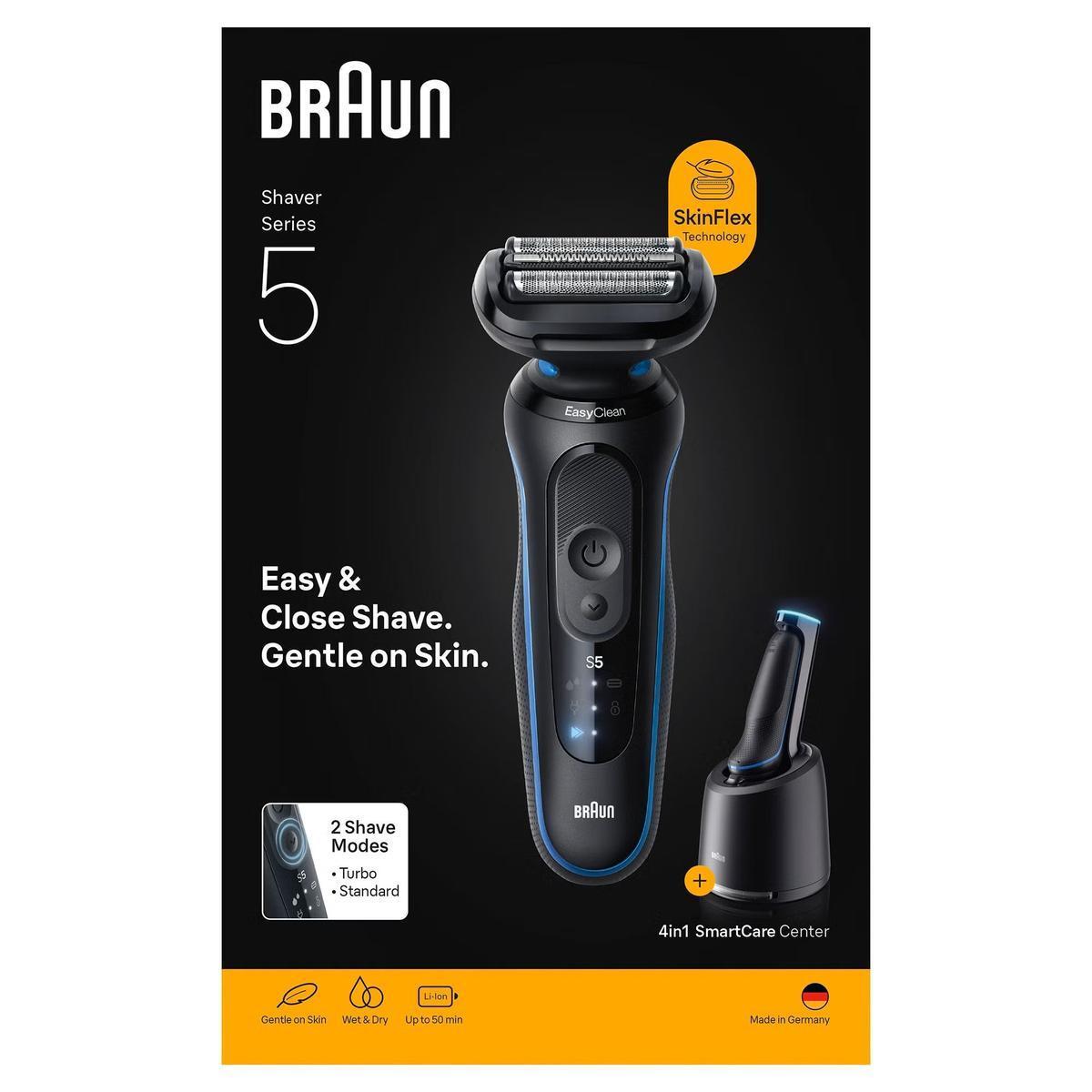 Braun Series 5 blue electric shaver with 3 flex blades, digital display, and 4-in-1 SmartCare cleaning center on black background.