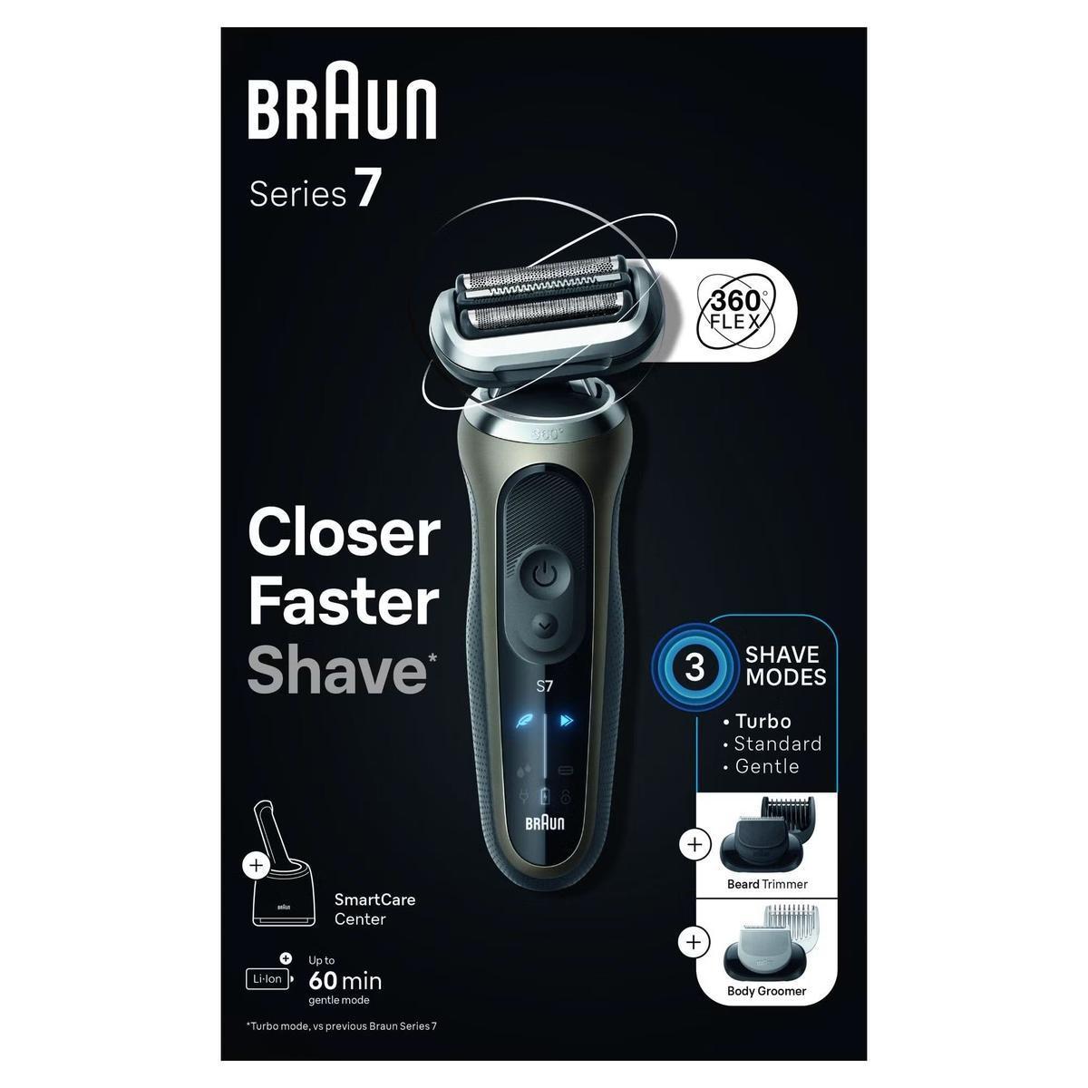 Braun Series 7 gold electric shaver with 360 Flex head, grooming attachments, and SmartCare center on black background.