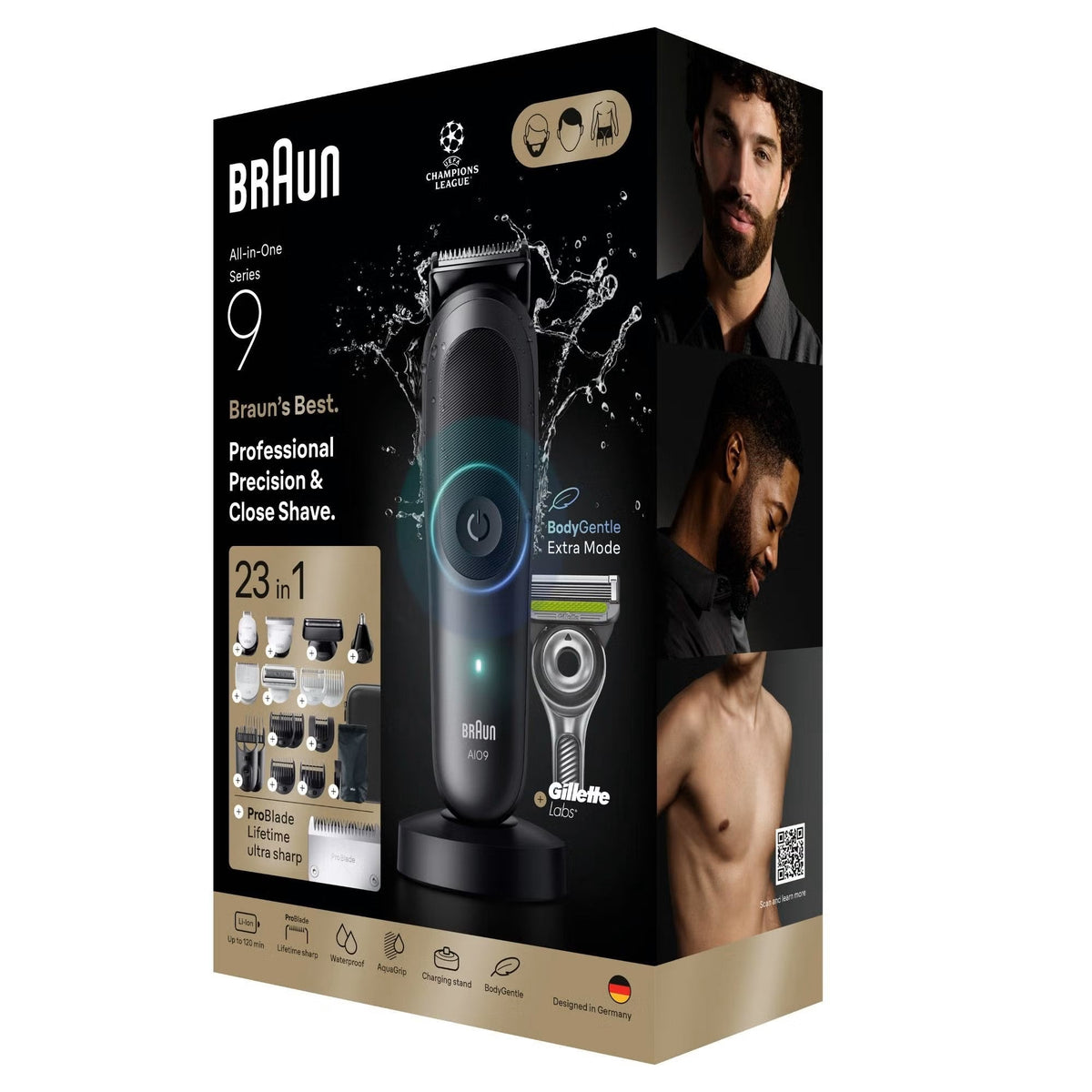 Braun Series 9 All-in-One grey trimmer kit in box with attachments, Gillette Labs razor, and charging stand.
