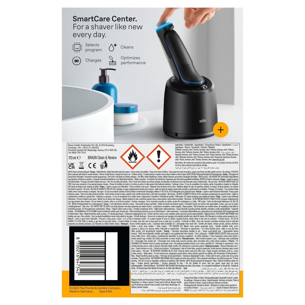 Braun Clean & Renew 170ml cleaning cartridge for electric shavers in a blue and white plastic bottle.