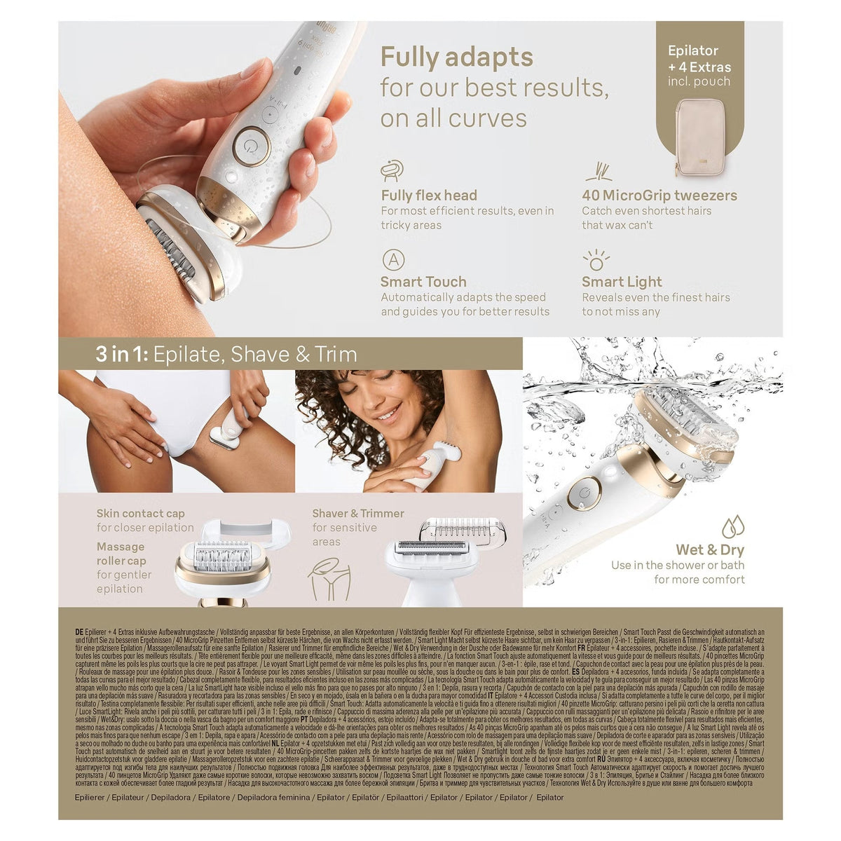 White and gold Braun Silk-épil 9 Flex epilator with a flexible head, 40 MicroGrip tweezers, and various attachments.