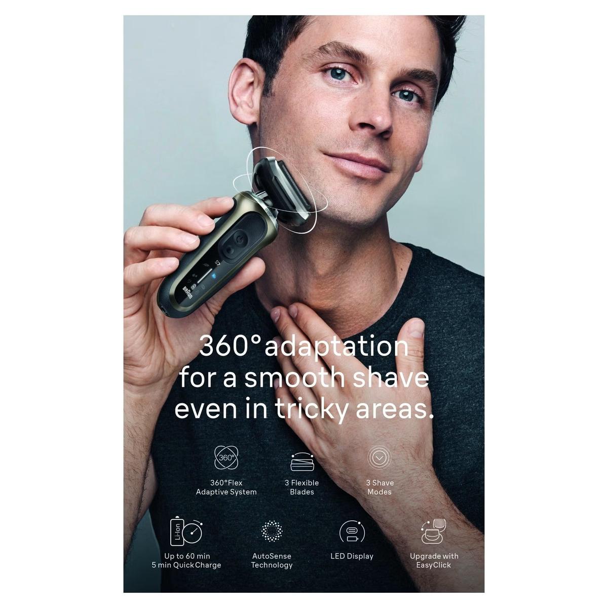 Man using a blue Braun Series 5 electric shaver with 3 flexible blades and 360-degree adaptive technology for a smooth shave.