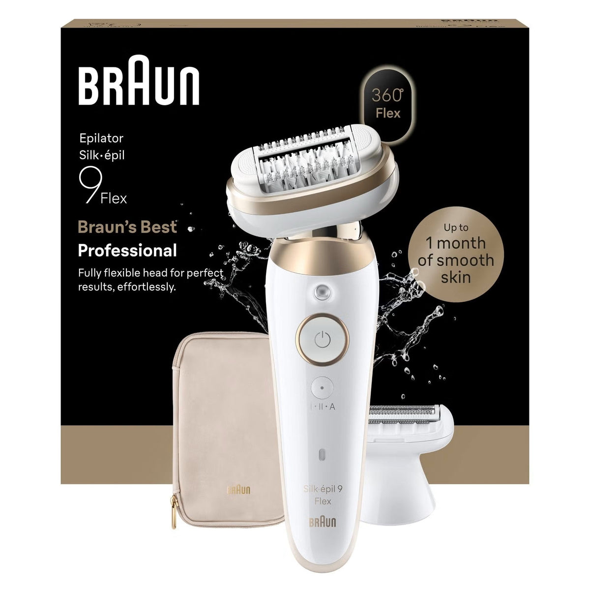 Braun Silk-épil 9 Flex white and gold epilator with flexible head, accessories, and storage pouch in branded packaging.