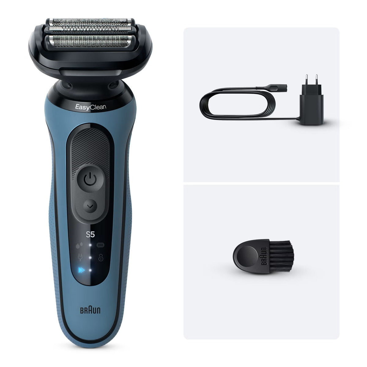 Azure Braun Series 5 electric shaver with 3 Flex blades, power cord, and cleaning brush on a white background.