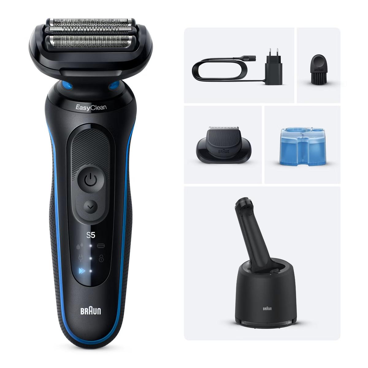 Braun Series 5 blue and black electric shaver with 3 flex blades, SmartCare cleaning station, and included accessories.