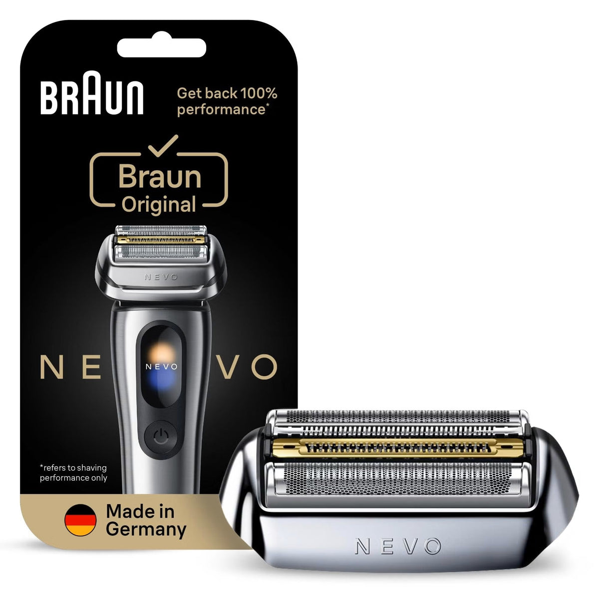 Silver Braun Nevo-S electric shaver replacement head with gold-tone foil blades in original black and gold retail packaging.