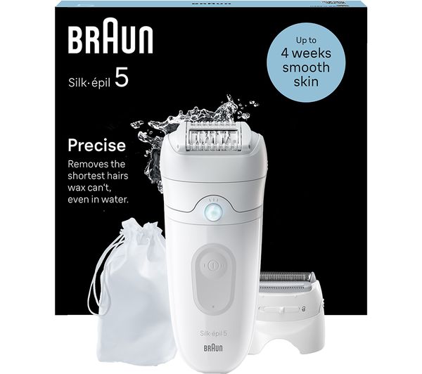 White Braun Silk-épil 5 wet and dry epilator with massage roller cap and storage pouch against a black product box.