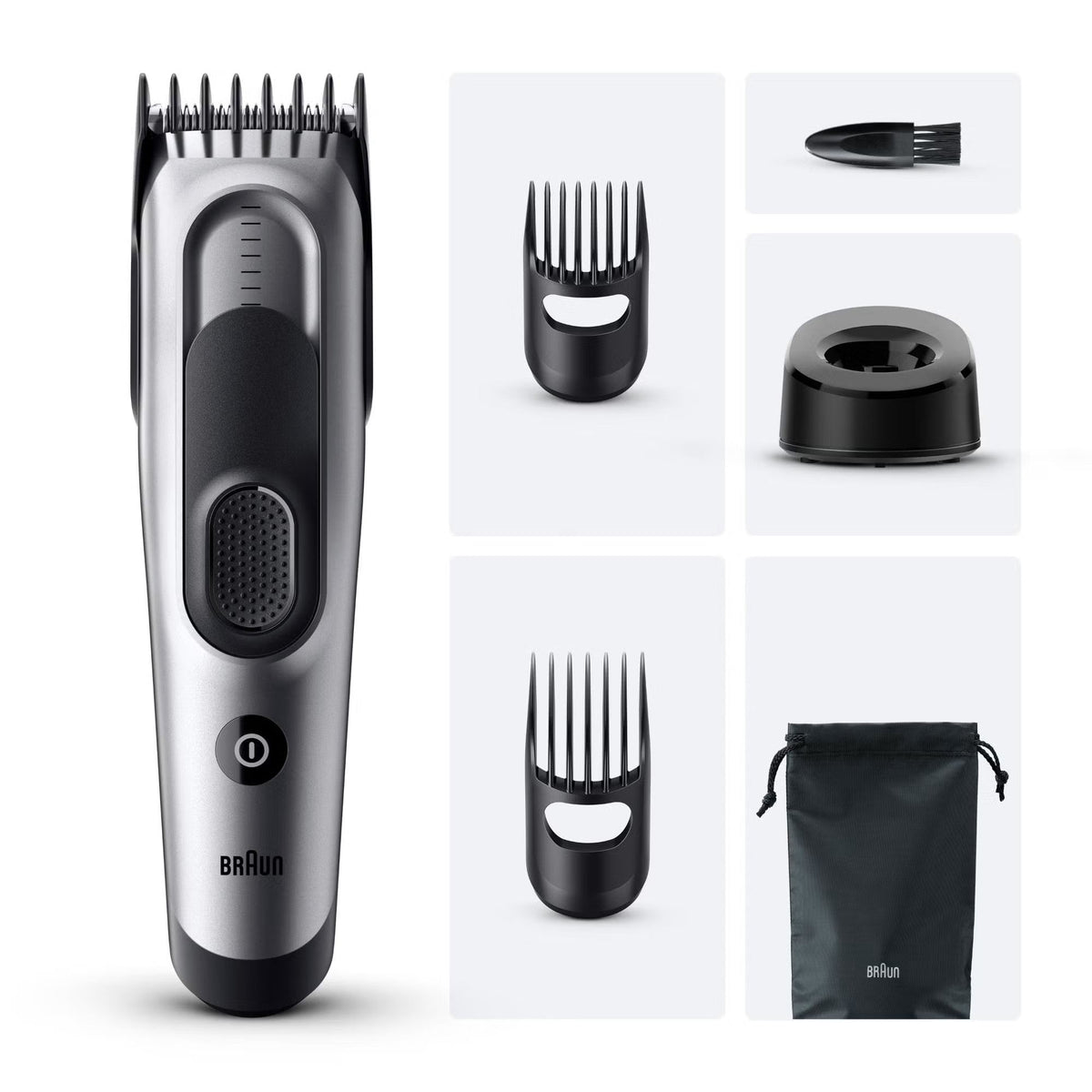 Braun Series 7 hair clipper in metallic silver with black attachments, charging base, styling combs, and storage pouch.
