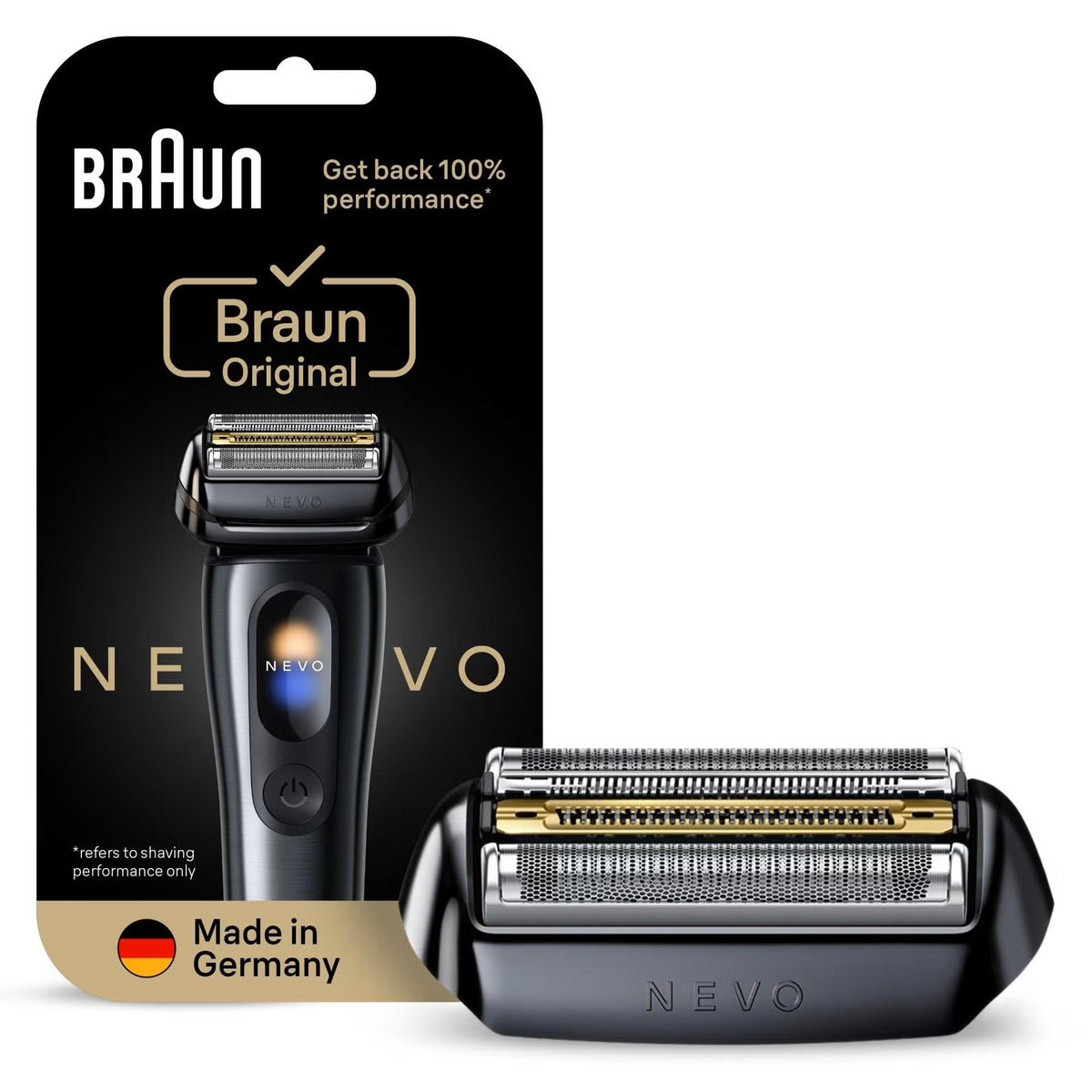Black Braun Nevo-B electric shaver replacement head with a gold-toned cutter block in its original black retail packaging.