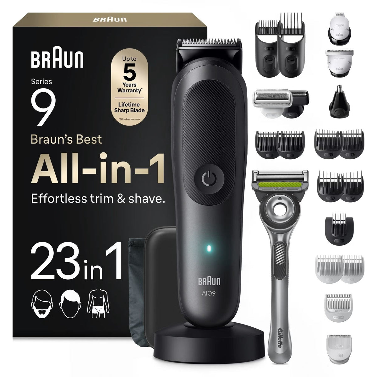 Braun Series 9 All-in-One trimmer in grey with charging stand, Gillette razor, and 23-in-1 grooming attachments in a box.
