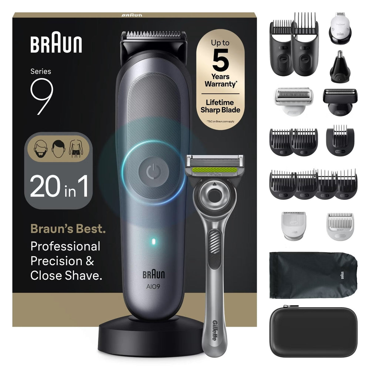 Braun Series 9 All-in-One grey trimmer with Gillette razor, charging stand, and 20-in-1 grooming attachments in retail box.