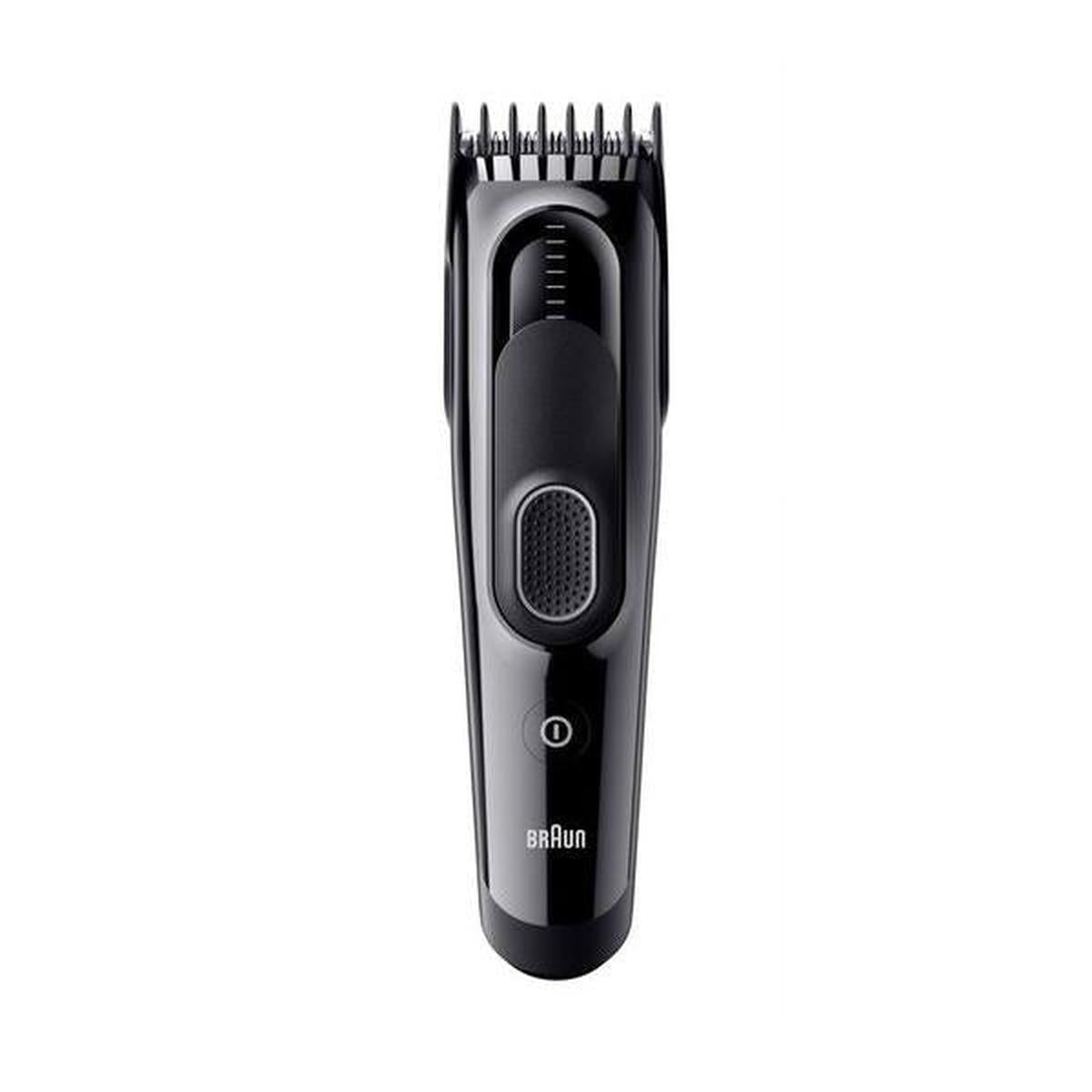 Black Braun Series 5 cordless hair clipper with stainless steel blades, rubberized grip, and adjustable length settings.