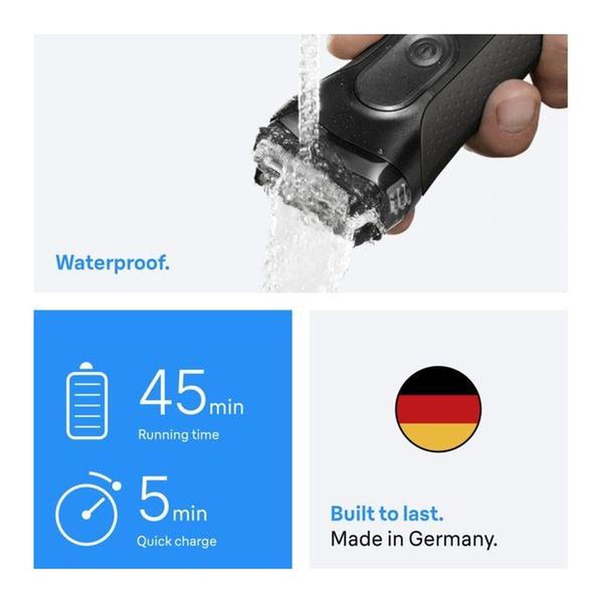 Braun Series 3+ electric shaver being rinsed under water with 45-minute battery life and German design icons.