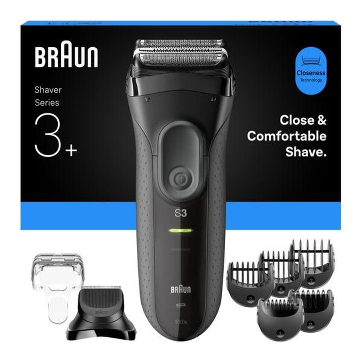 Braun Series 3+ 3000BT electric foil shaver in grey with detachable beard trimmer head and multiple precision combs.