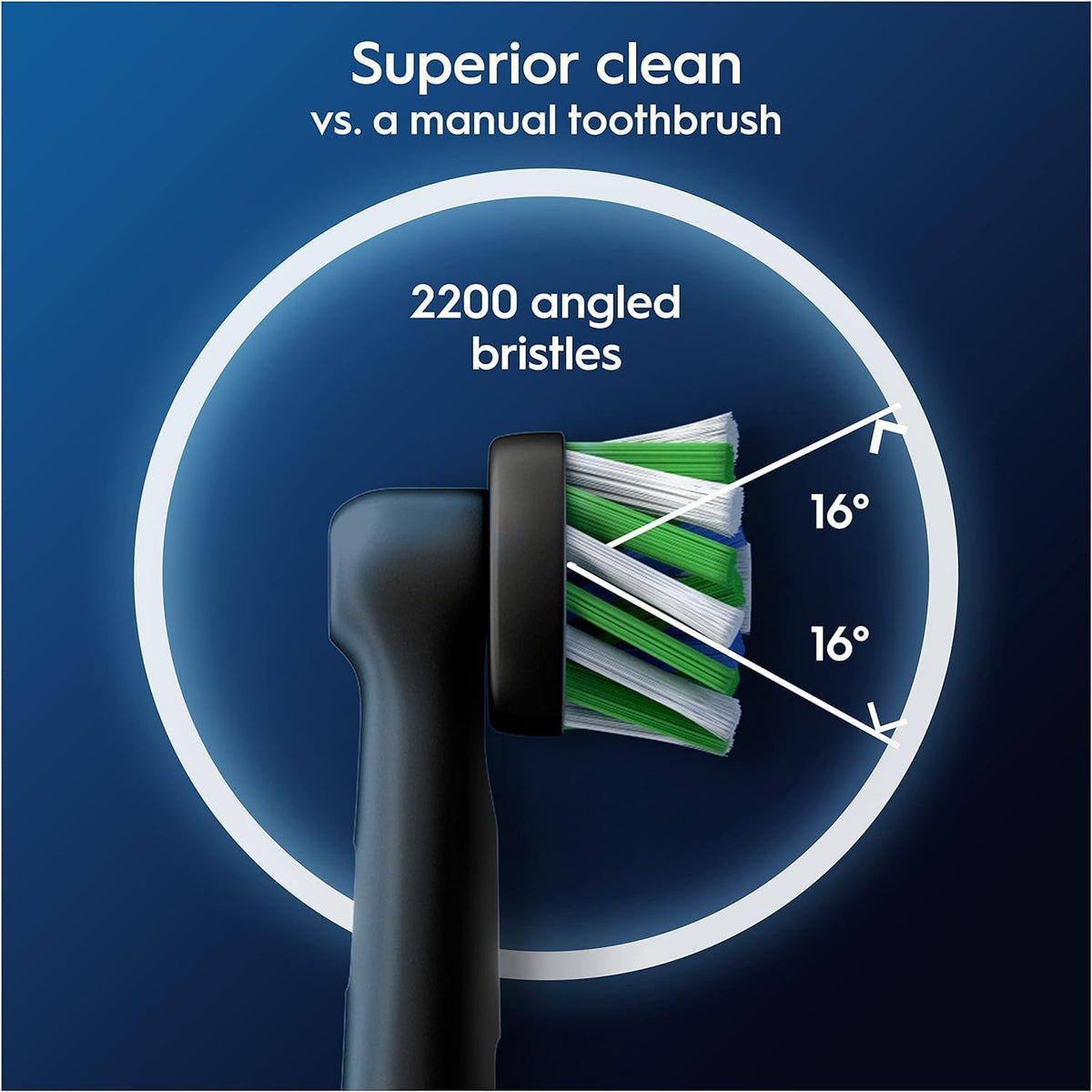 Black Oral-B Cross Action toothbrush head featuring green and white 16-degree angled X-shape bristles for deep cleaning.