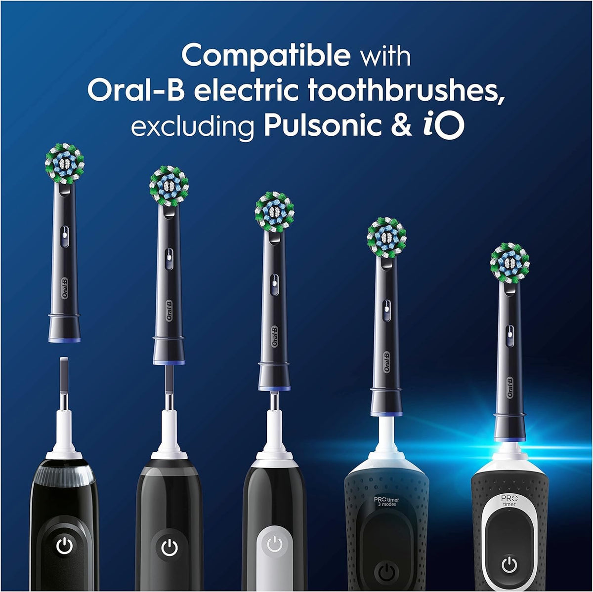 Black Oral-B Cross Action replacement brush heads with green and white X-shape bristles, shown attaching to electric handles.