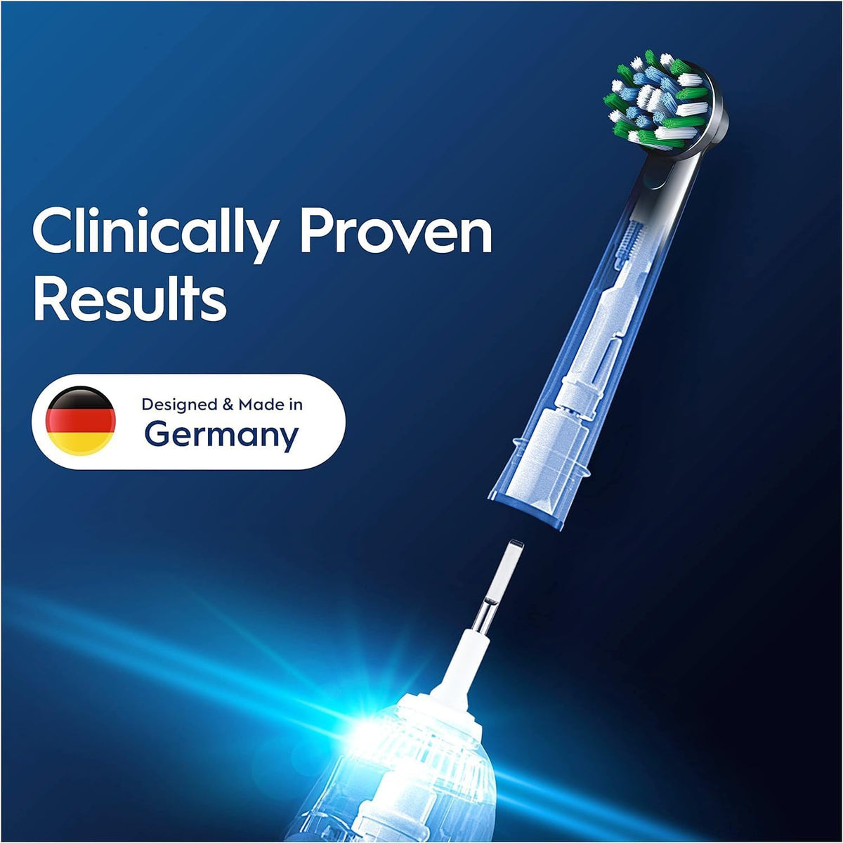 Oral-B CrossAction black replacement brush head with X-shaped bristles and German engineering label.