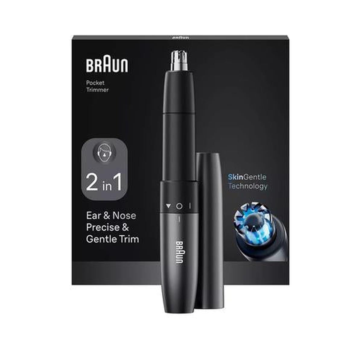 Braun EN20 pocket-sized black ear and nose trimmer with dual blades and protective cap in its retail packaging.