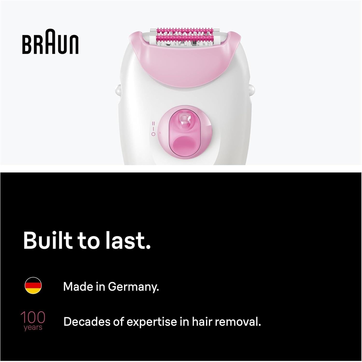Braun Silk·épil 3, Corded Epilator, Easy Hair Removal, Lasting Smooth Skin, Includes Shaver Head and Trimmer Comb, 3-031, Pink