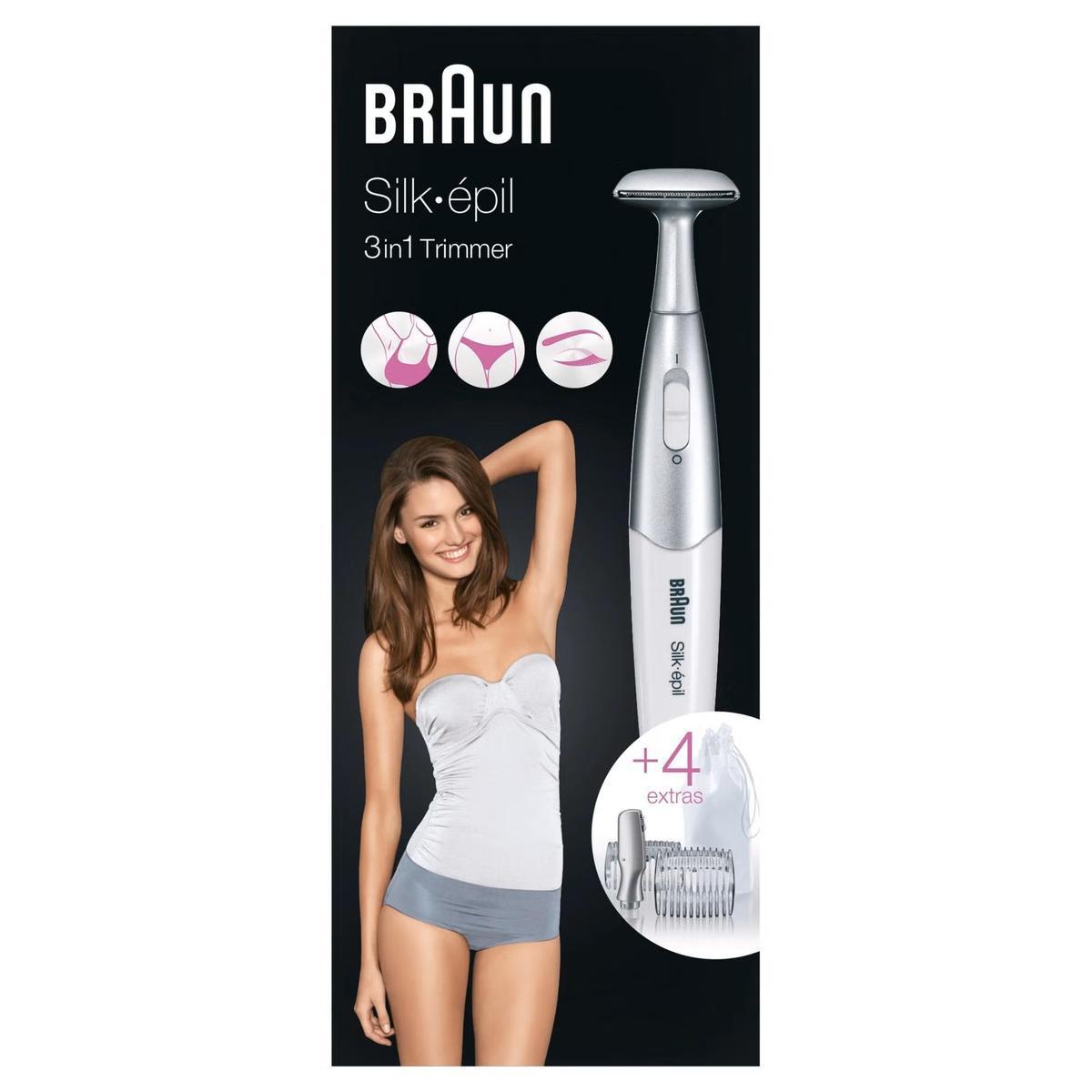 Braun Silk-épil 3-in-1 bikini trimmer in silver and white with four included attachments and a smiling woman model.