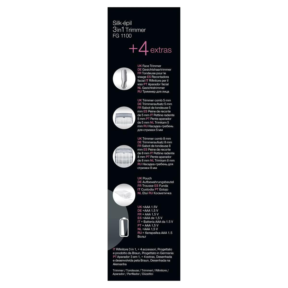 Braun Silk-épil 3-in-1 bikini trimmer packaging showing four included accessories: two cutting heads, two combs, and a battery.