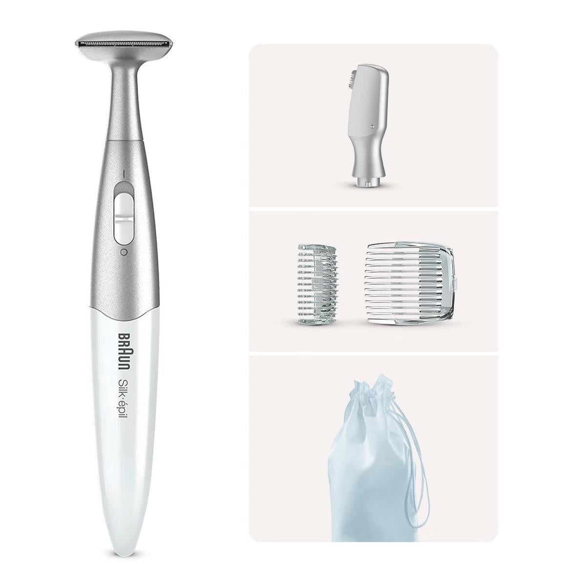 Braun FG1100 silver and white bikini trimmer with two cutting heads, two trimming combs, and a storage pouch.