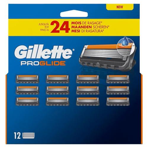 Gillette ProGlide 12-pack razor blade refills in blue and orange packaging with five-blade precision cartridges.