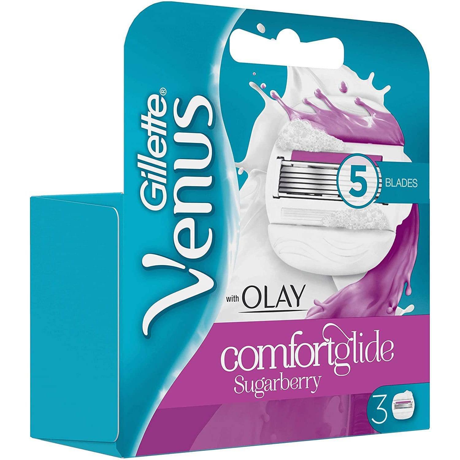 Gillette Venus Comfortglide Sugarberry with Olay 2-in-1 Women's Razor Blades, 3 Pack - with Shaving Gel Bars